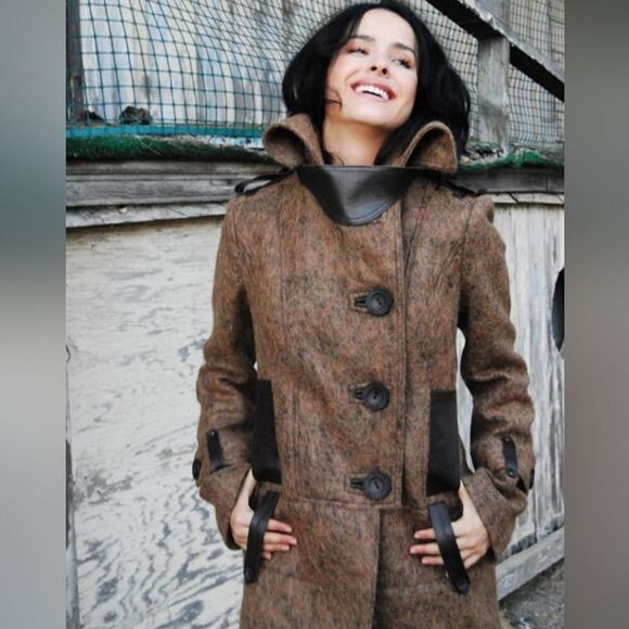 Mackage Twiggy Brown Cashmere Mohair Blend Leather Trim Coat Sz S - Picture 1 of 13